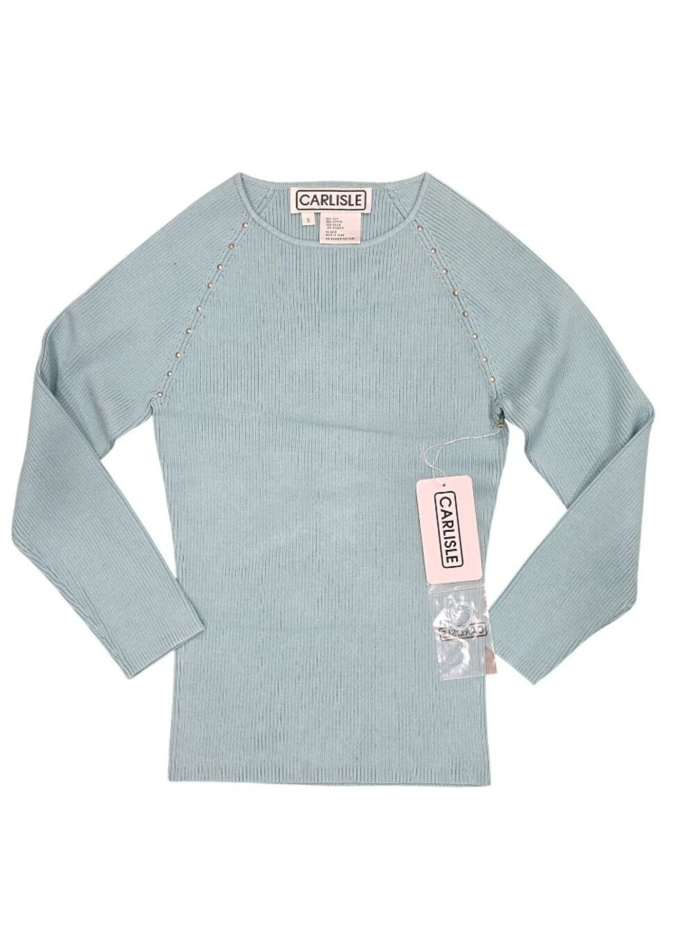 Carlisle Womens Silk Blend Ribbed Long-Sleeve Sweater With Stud Size S Calm Blue